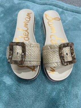 Sam Edelman Natural Raffia Slide Sandals with Tortoiseshell Buckle,NEW